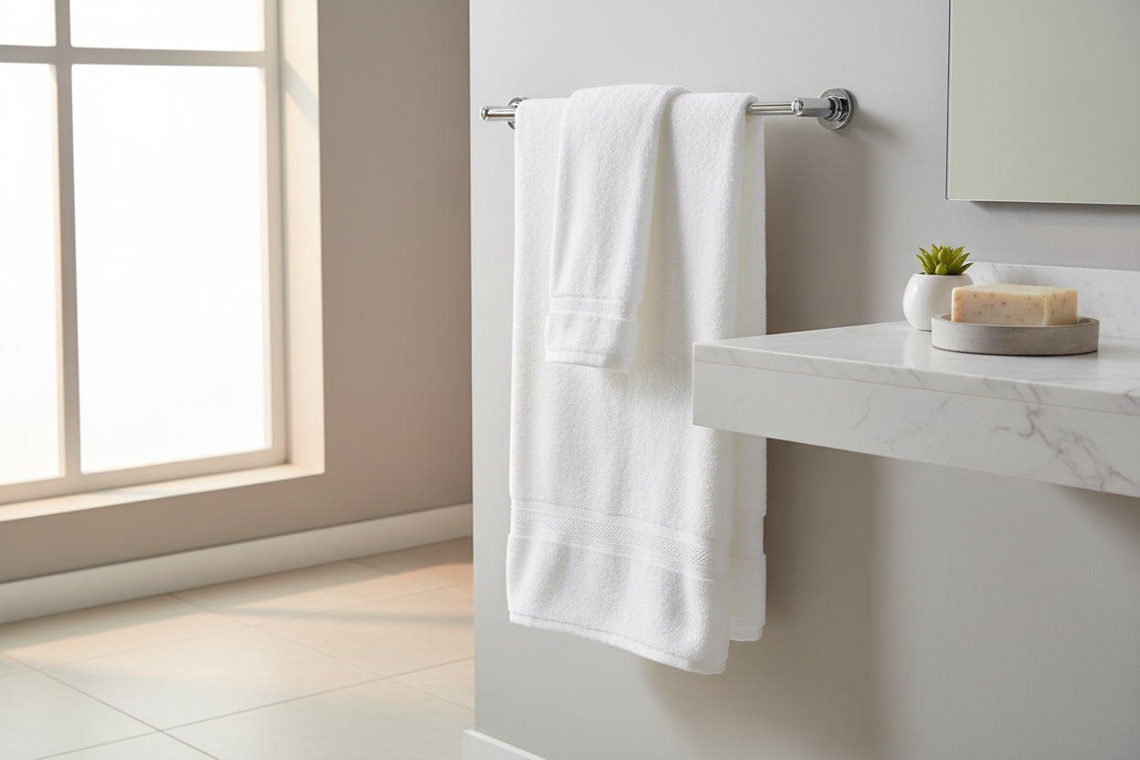 a towel hanging to dry next to a bar of soap in a bathroom