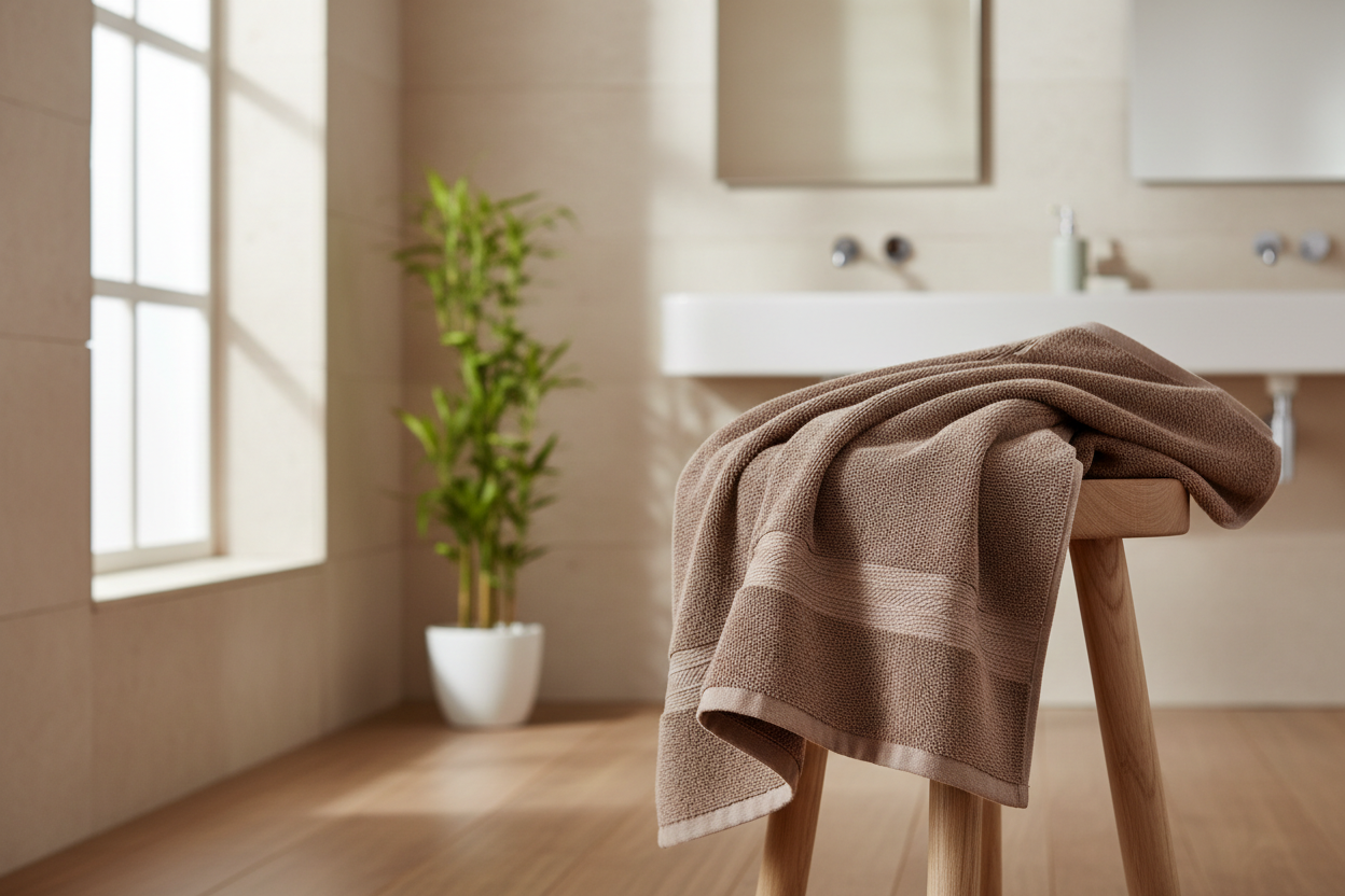 Premium lifestyle photo of a high-quality bath towel in #A39382, casually draped over a minimalist wooden stool in a modern bathroom. Soft natural daylight, warm neutral tones, visible fabric texture. Clean Scandinavian-style interior with stone and wood surfaces and a small bamboo plant. Towel is the main focus, realistic, calm, editorial product photography, no people, no text, no logos. make sure the towel occupies at least 60% of the frame.