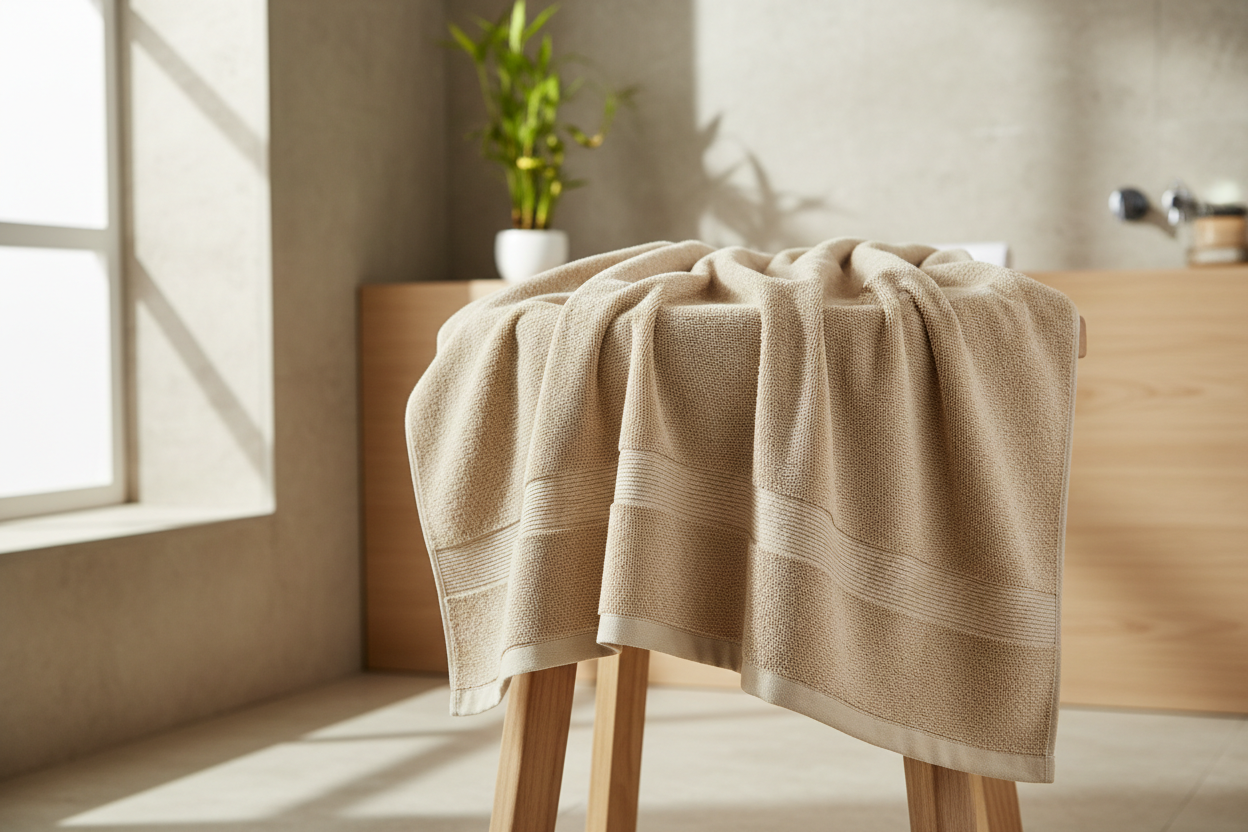 Premium lifestyle photo of a high-quality bath towel in #F9E1B7, casually draped over a minimalist wooden stool in a modern bathroom. Soft natural daylight, warm neutral tones, visible fabric texture. Clean Scandinavian-style interior with stone and wood surfaces and a small bamboo plant. Towel is the main focus, realistic, calm, editorial product photography, no people, no text, no logos. make sure the towel occupies at least 60% of the frame.