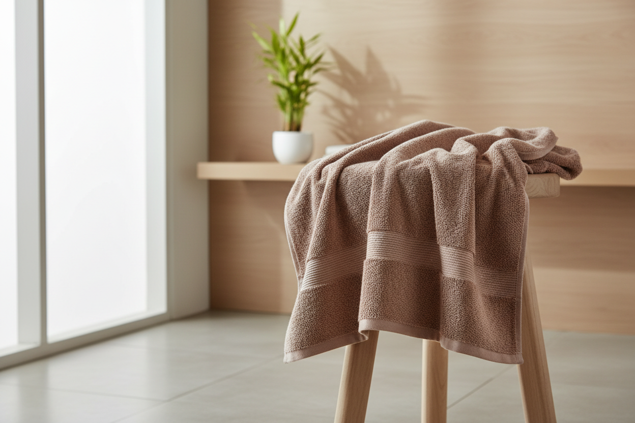 Premium lifestyle photo of a high-quality bath towel in #A39382, casually draped over a minimalist wooden stool in a modern bathroom. Soft natural daylight, warm neutral tones, visible fabric texture. Clean Scandinavian-style interior with stone and wood surfaces and a small bamboo plant. Towel is the main focus, realistic, calm, editorial product photography, no people, no text, no logos.