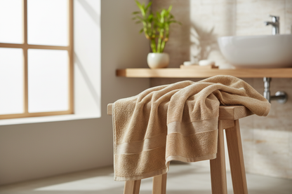 Premium lifestyle photo of a high-quality bath towel in #F9E1B7, casually draped over a minimalist wooden stool in a modern bathroom. Soft natural daylight, warm neutral tones, visible fabric texture. Clean Scandinavian-style interior with stone and wood surfaces and a small bamboo plant. Towel is the main focus, realistic, calm, editorial product photography, no people, no text, no logos.