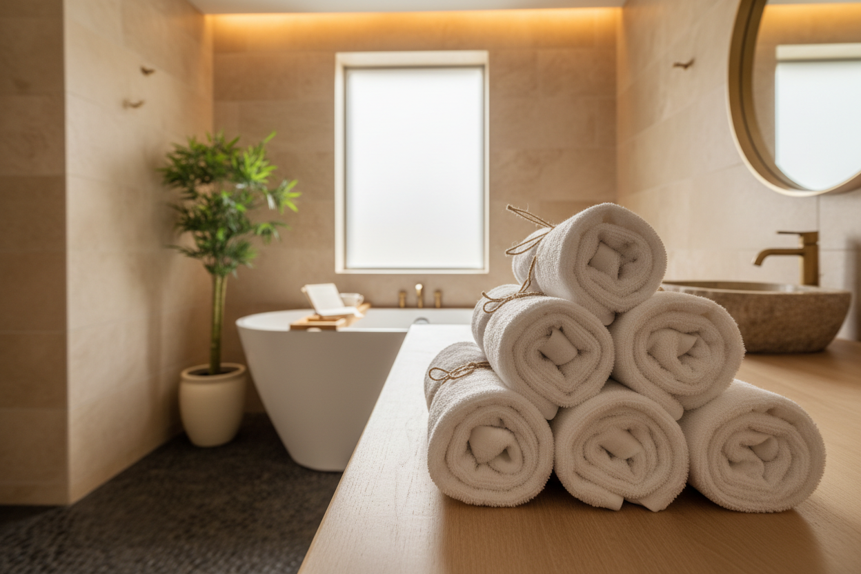 A stack of rolled towels in a warm luxury bathroom, perhaps with a bamboo plant somewhere in the corer. Make the towels the focus of the image