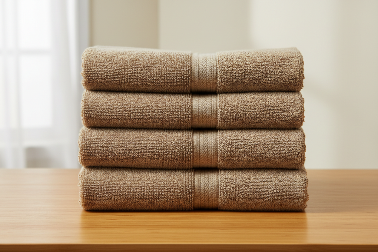 Stack of towels in color #a39382 on a bamboo table. make the towels from and center