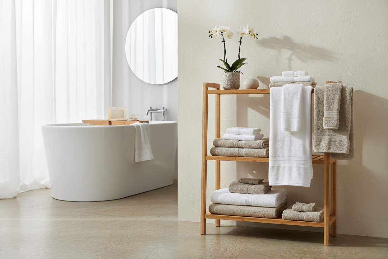 Towels on a bamboo rack in a bathroom